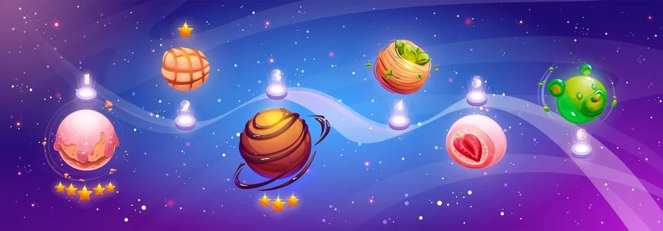 Space game ui level map with sweet dessert planets Stock Illustration