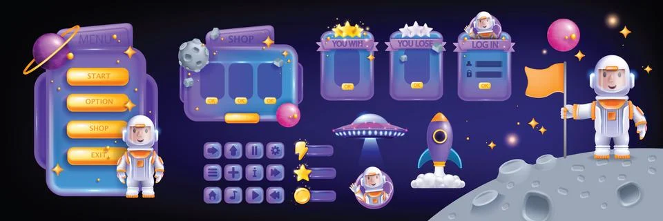 Space game UI set, vector 3D cartoon interface icon kit 스톡 일러스트