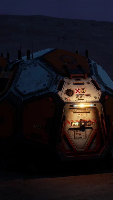 Space habitat on alien terrain at dusk with bright light from entrance Stock Footage 342219837