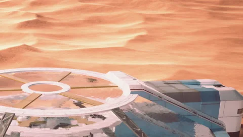 Space habitat on a desert planet with circular platform and sandy landscape Stock Footage 344313523