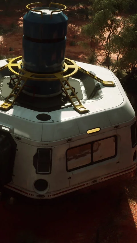 Space habitat features water tank and solar panels in remote area Stock Footage 342615357