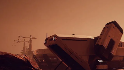 Space habitat on Mars during dust storm at sunset Stock Footage 343938134