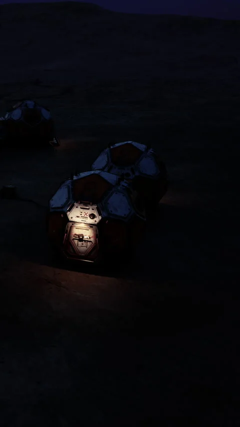 Space habitat on Mars during night with illuminated entrance for crew Stock Footage 339038333