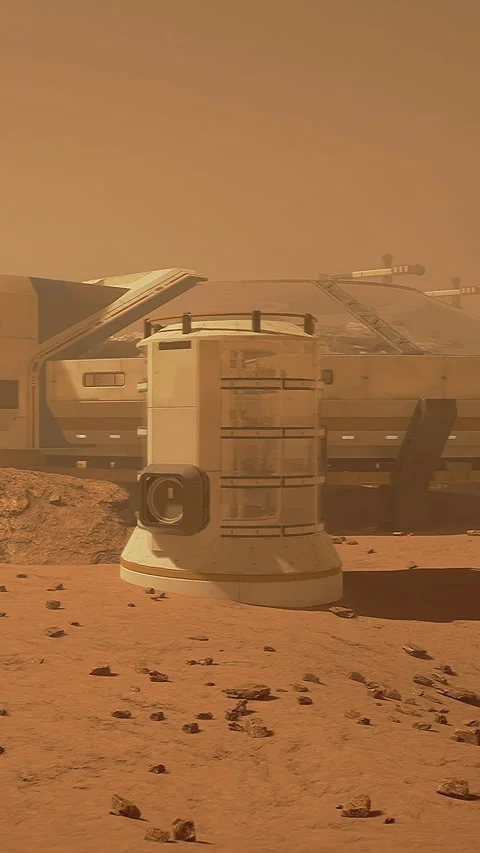 Space habitat on Mars with dust storm in the background near rocky terrain Stock Footage 334175725