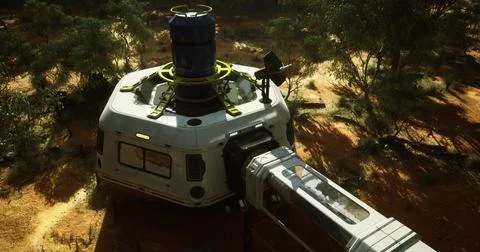 Space habitat module located on a desert landscape under a bright sky Ilustración de archivo