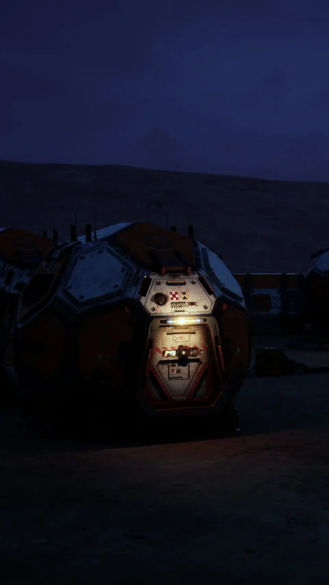 Space habitat module at night near Mars landscape with glowing entrance Stock Footage 335156115
