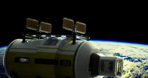 Space habitat module orbiting Earth with solar panels and blue planet backdro Ilustración de archivo