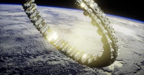 Space habitat ring orbiting Earth showcases advanced engineering and design Stock Illustration