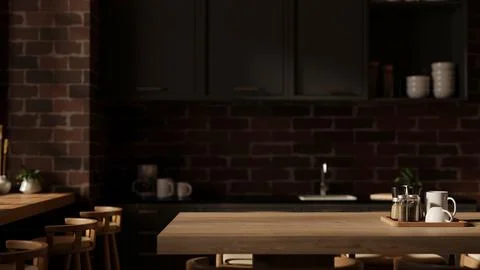 A space on a hardwood dining table in a modern, dark kitchen with black cou.. Stock Illustration