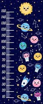 Space height meter for kids with planets and spaceships, astronauts with star Stock Illustration
