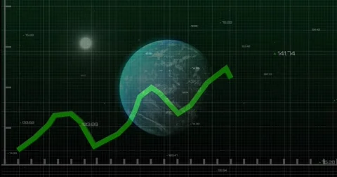 Space HUD receiving telemetry and plotting green polyline over planet grid for Vídeos de archivo 331712758