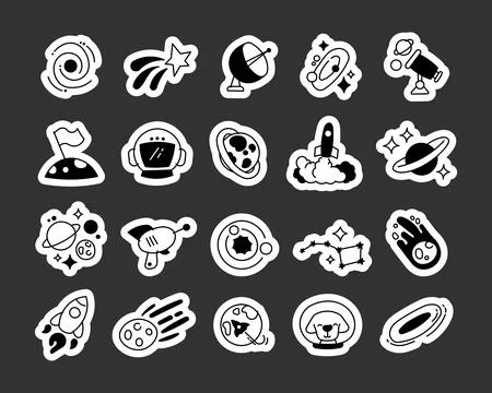 Space icon set in blackout style featuring galaxy Stock Illustration