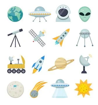 Space icon set flat style.Astronomical Cosmos collection with telescope, moon Stock Illustration
