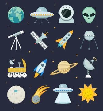 Space icon set flat style.Astronomical Cosmos collection with telescope, moon Illustrazione stock