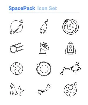Space icon set of outline types. Isolated vector sign symbols. Icon pack. Illustrazione stock