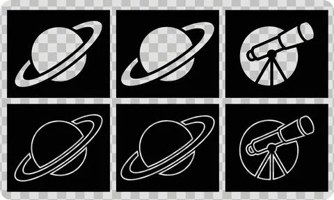 Space Icon Set, Saturn Planet and Telescope Observation Symbol White on Bla.. Stock Illustration