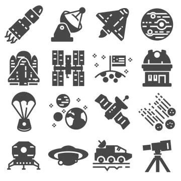 Space icon set. Star stations and spaceships symbols Stock Illustration