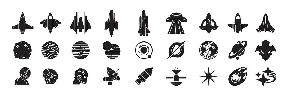 Space icon set, vector sci-fi cosmic retro futuristic sign, rocket launch Illustrazione stock