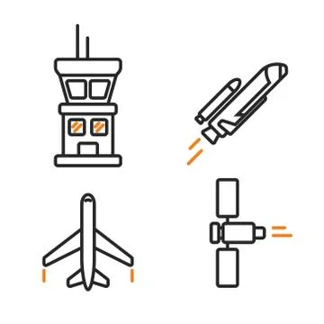 Space icons in linear style. Simple cosmic line signs. Airplane, spaceship Stock Illustration