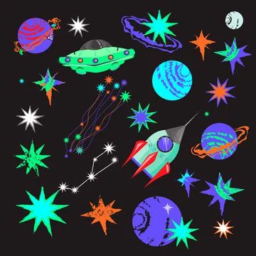 Space icons set with alien spaceship and rocket, planets, flat vector isolate Illustrazione stock