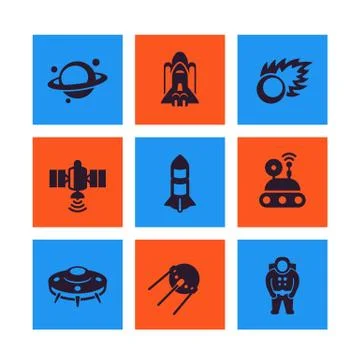 Space icons set, planet with asteroid belt, comet, satellite, space probe, sh Stockillustratie