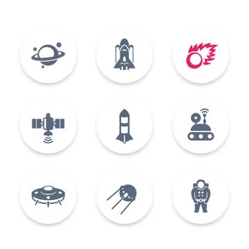 Space icons set, rocket, asteroid, UFO, satellite, astronaut, space probe, sh Stock Illustration