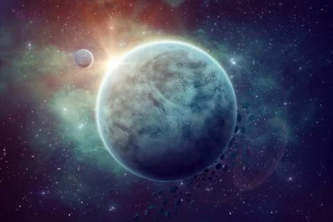 Space illustration. The unknown planet with the moon. Stock Illustration