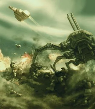 Space infantry repels the attack of the giant alien spider tank. Stock Illustration