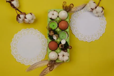 Space for insert with napkins and Easter decor Stock Photos