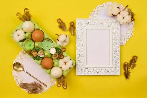 Space to insert in a vintage frame with Easter decor Stock Photos