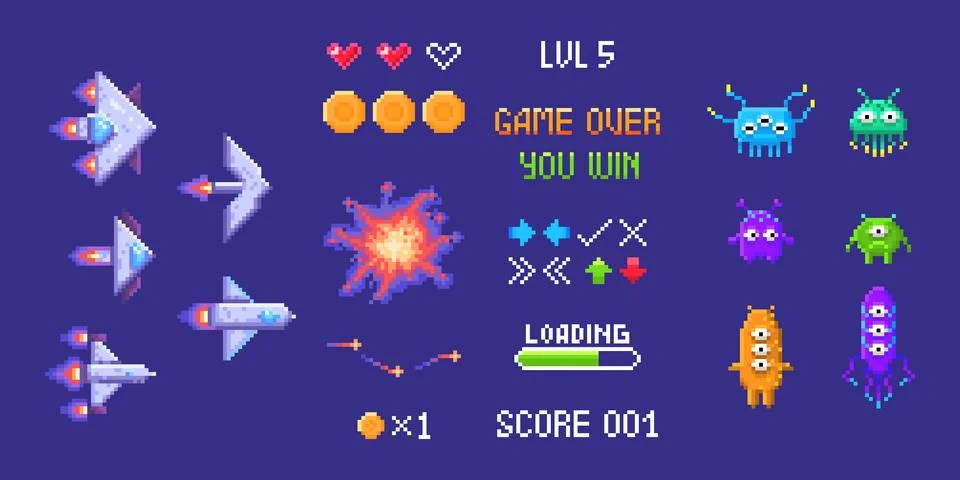 Space invader pixel game elements Stock Illustration