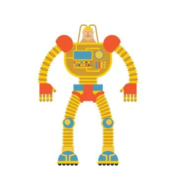 Space invader soldier Cyborg Android from future. Iron robot with human head. Stock Illustration