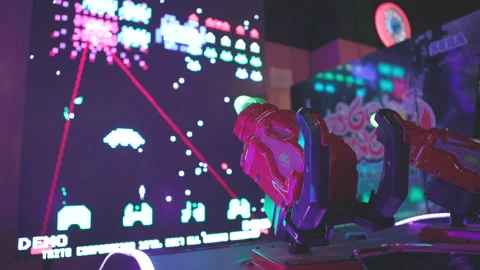 Space invaders shooter game in arcade 4k Stock Footage 155212562