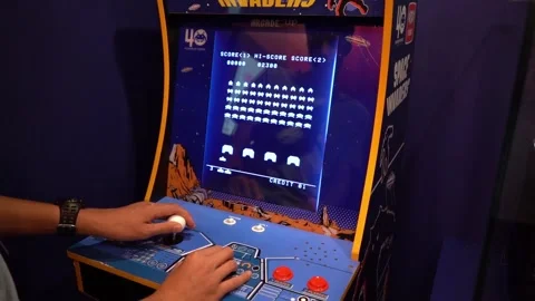 Space invaders Taito game machine. Simple Space Arcade in 8-bit retro video old Stock Footage 271285772