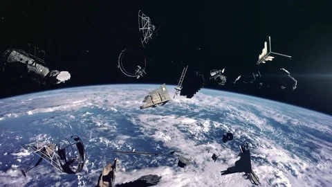 Space Junk Floating in Earth Orbit - Abandoned Satellites and Rocket Parts Stock Footage 159135821