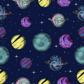 Space kids seamless pattern with planets and stars on a dark blue background Illustrazione stock