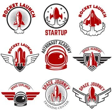 Space labels. Rocket launch, astronaut academy. Design elements 스톡 일러스트