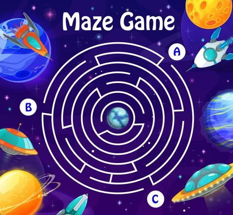 Space labyrinth maze in galaxy, vector boardgame Stock Illustration