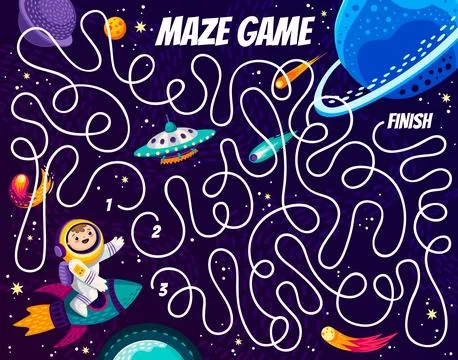 Space labyrinth maze, help astronaut find planet Stock Illustration