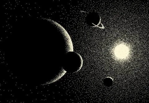 Space landscape with scenic view on planet and stars made with retro dotwork  Stock Illustration