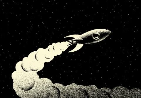 Space landscape with scenic view on rocket rocket taking off with fire and sm Stock Illustration