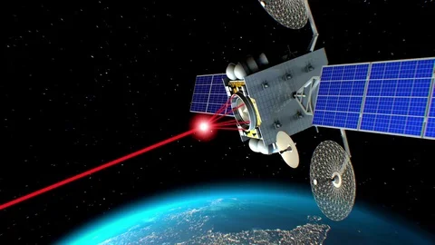 Space laser weapon. Earth on background, fictional military satellite on orbit. Stockbeeldmateriaal 85029081