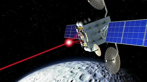 Space laser weapon. Moon on background, fictional military satellite on orbit. Stockbeeldmateriaal 85029290