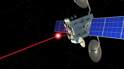 Space laser weapon. Stars on background, fictional military satellite on orbit. 스톡 동영상 85030831