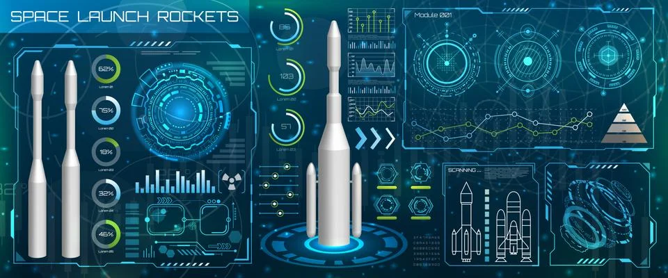 Space Launch Interface Rockets, Sky-fi HUD. Head Up Display Illustrazione stock