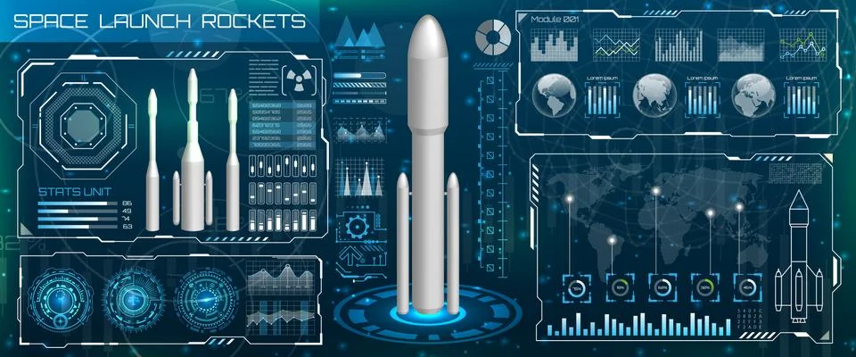 Space Launch Interface Rockets, Sky-fi HUD. Head Up Display. Template UI Illustrazione stock