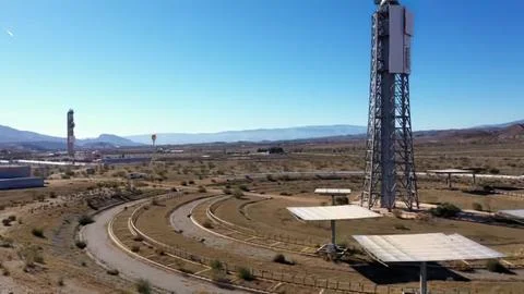 Space launch pad with rocket ready for takeoff in desert Stock Photos