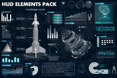 Space launch rockets in the HUD style. pack( antenna, radars, 3d spaceship) Stock Illustration
