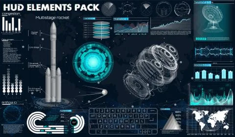 Space launch rockets in the HUD style. pack( antenna, radars, 3d spaceship) Ilustración de archivo
