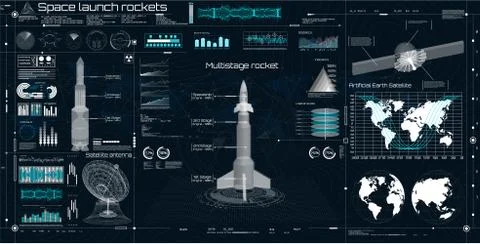Space launch rockets, instrument panel, radars, space dish, 3d spaceship Ilustración de archivo